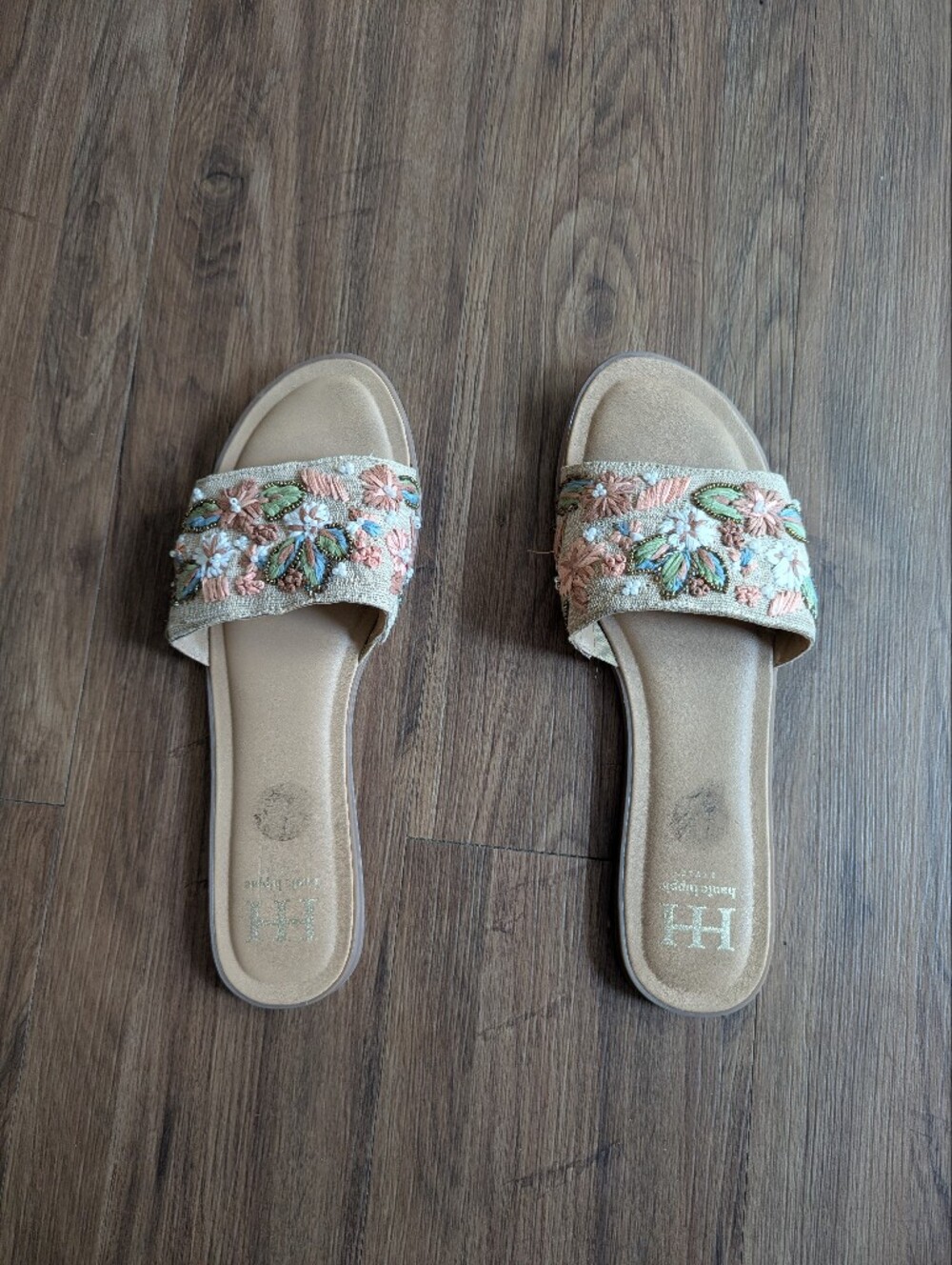 Haute Hippie Floral Embroidered Sandals in Beige and Peach Sz 9.5